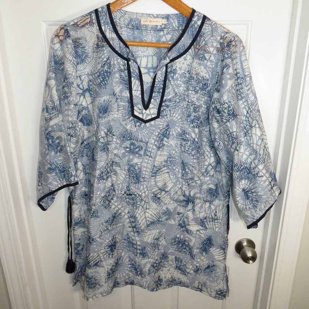 Tory Burch Dream Catcher Printed Caftan Tunic Sz LG Poly Linen Blend